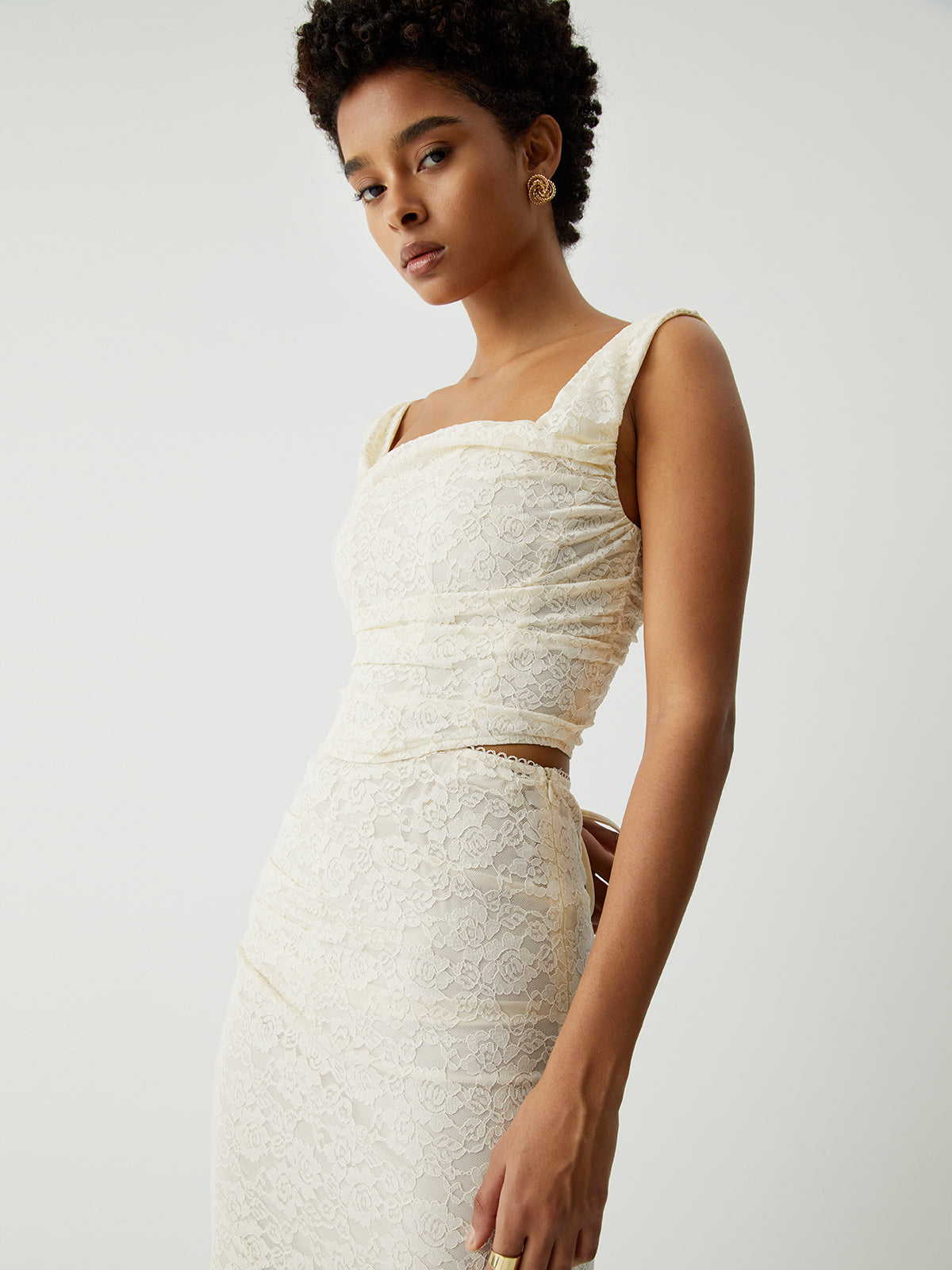 Cream Floral Lace Tie Back Crop Corset Top