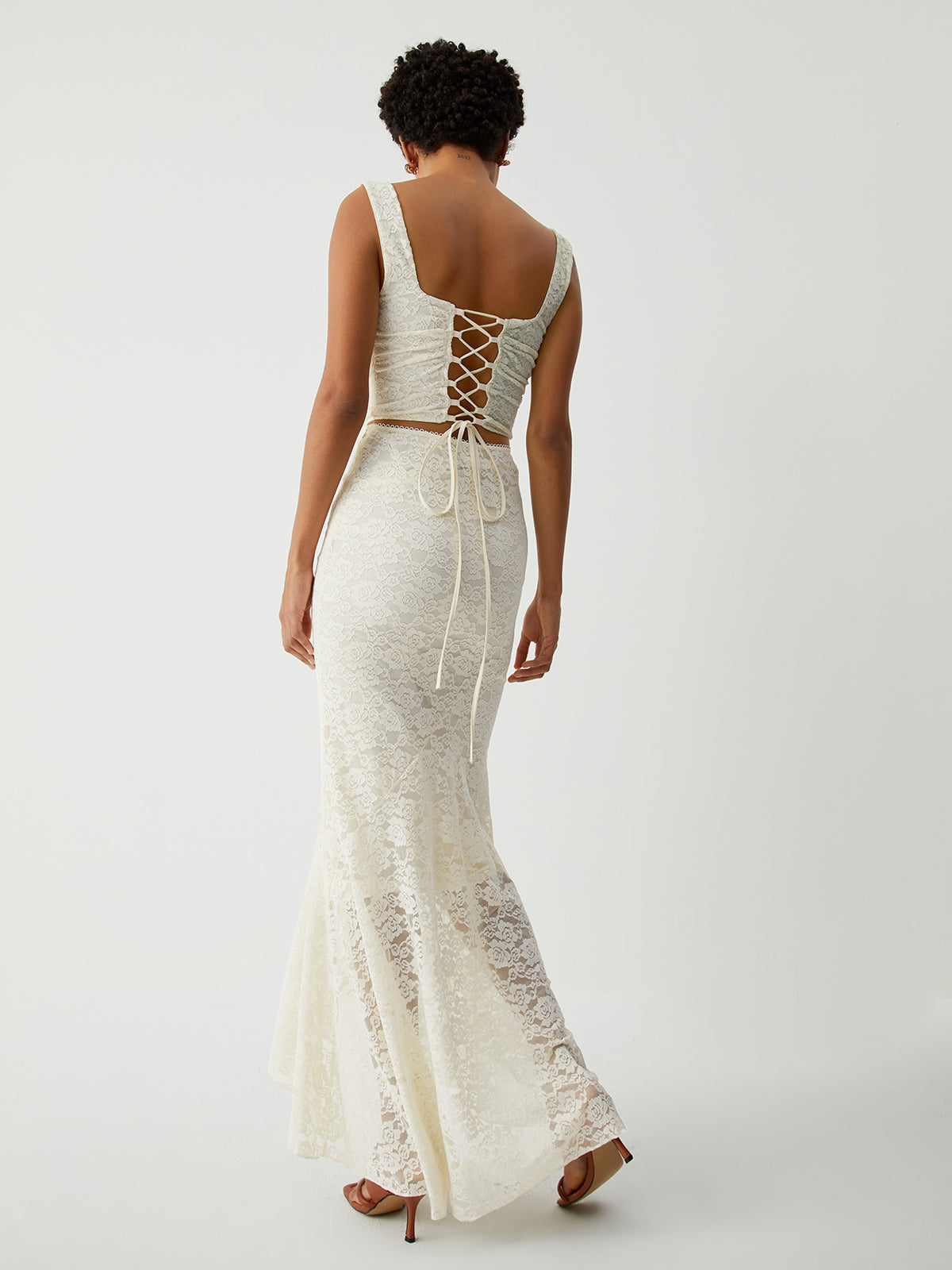 Cream Floral Lace Tie Back Crop Corset Top