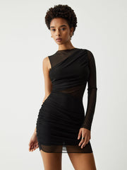 Mesh One Sleeve Ruched Short Dress