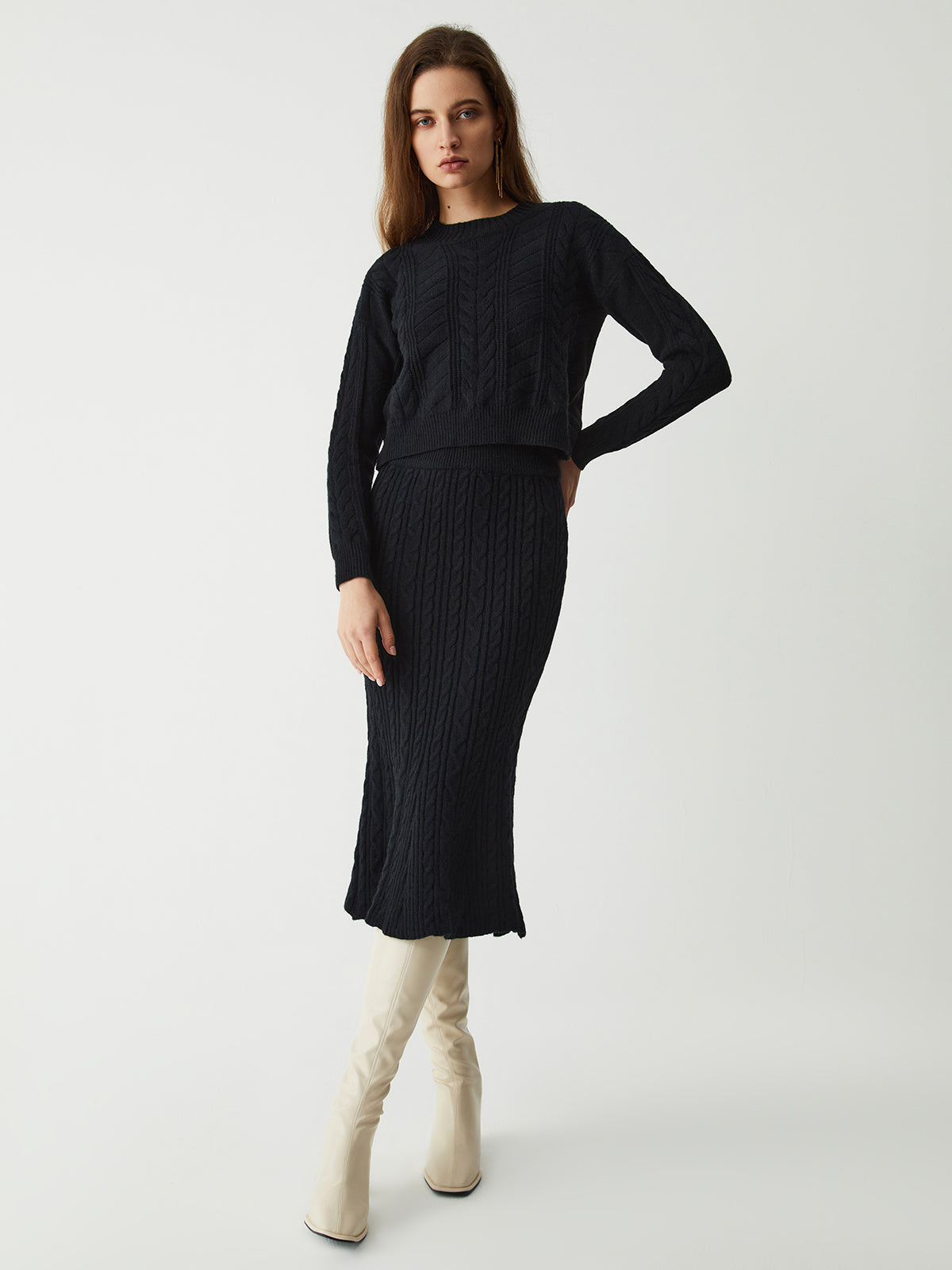 Leisure Cable Knit Long Sleeve Two Piece Skirt Set