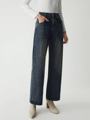 Vintage Wash Denim Zippered Pocket Wide Leg Jeans