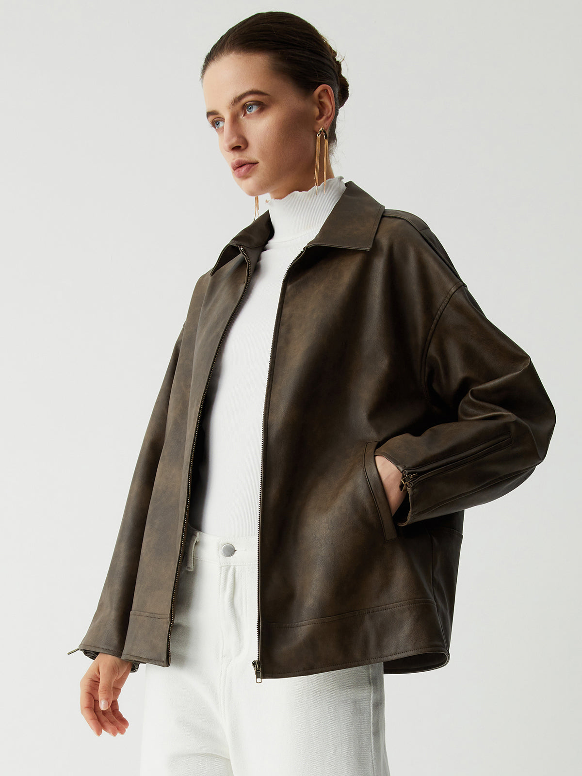 Distressed Leather Double Pockets Jacket