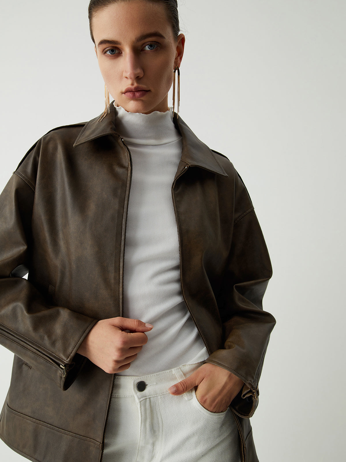Distressed Leather Double Pockets Jacket