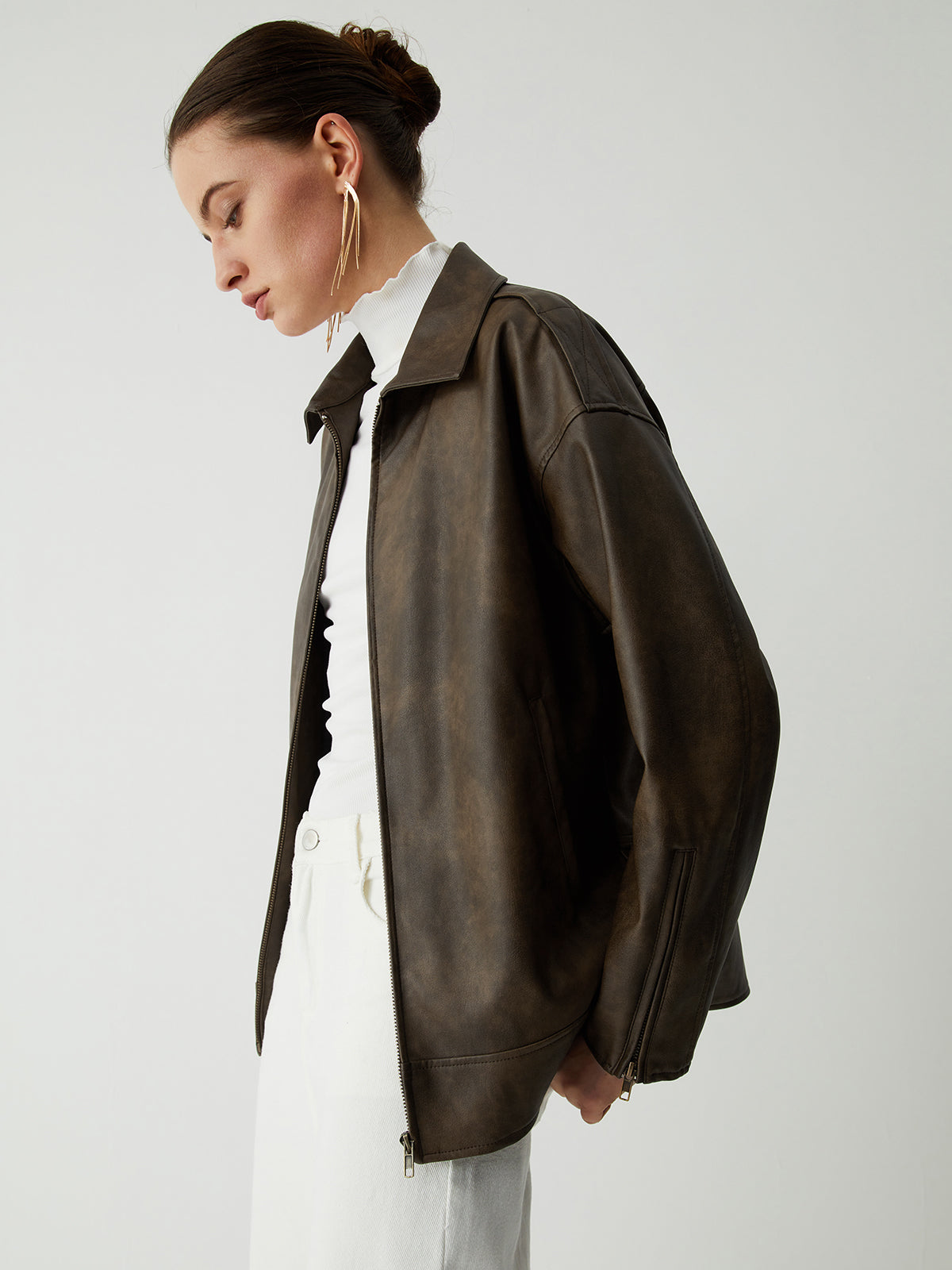 Distressed Leather Double Pockets Jacket