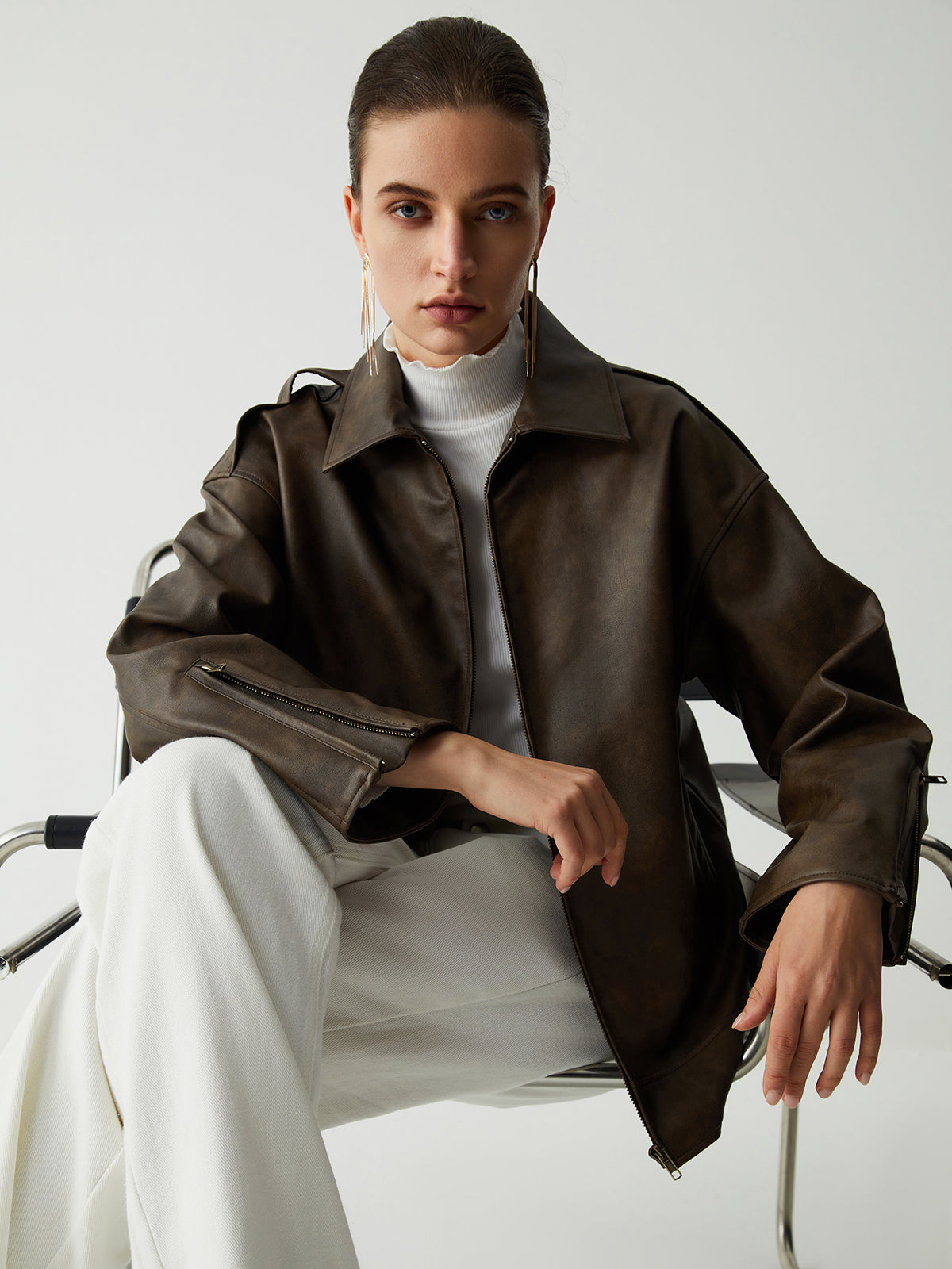 Distressed Leather Double Pockets Jacket