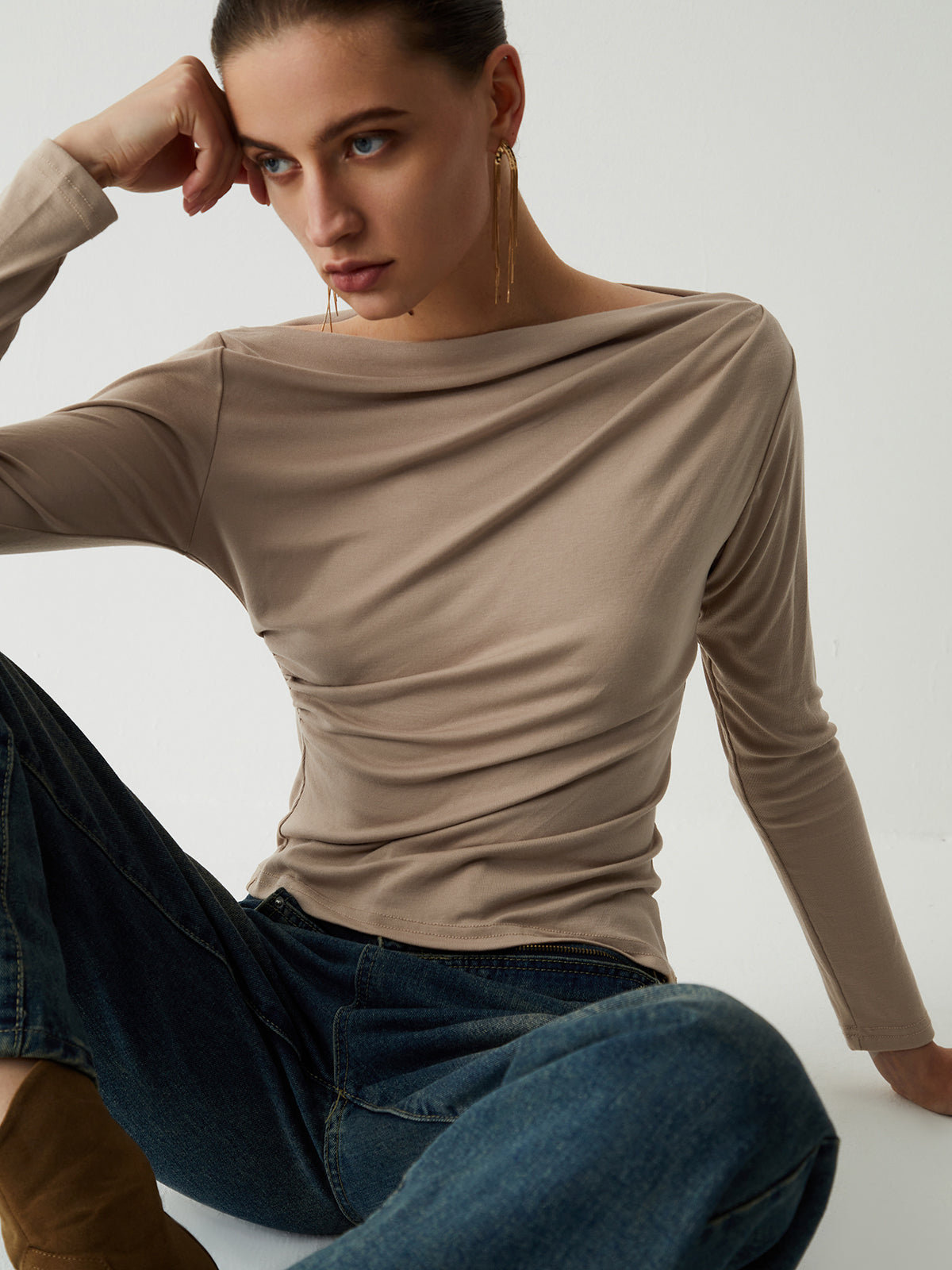 Oatmeal Ruched Long Sleeve Top