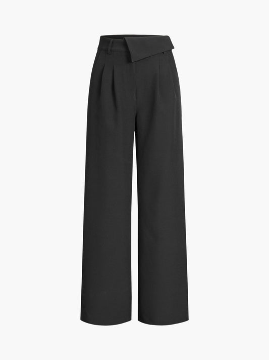 Asymmetric Fold Over Waistband Straight Leg Dress Pants