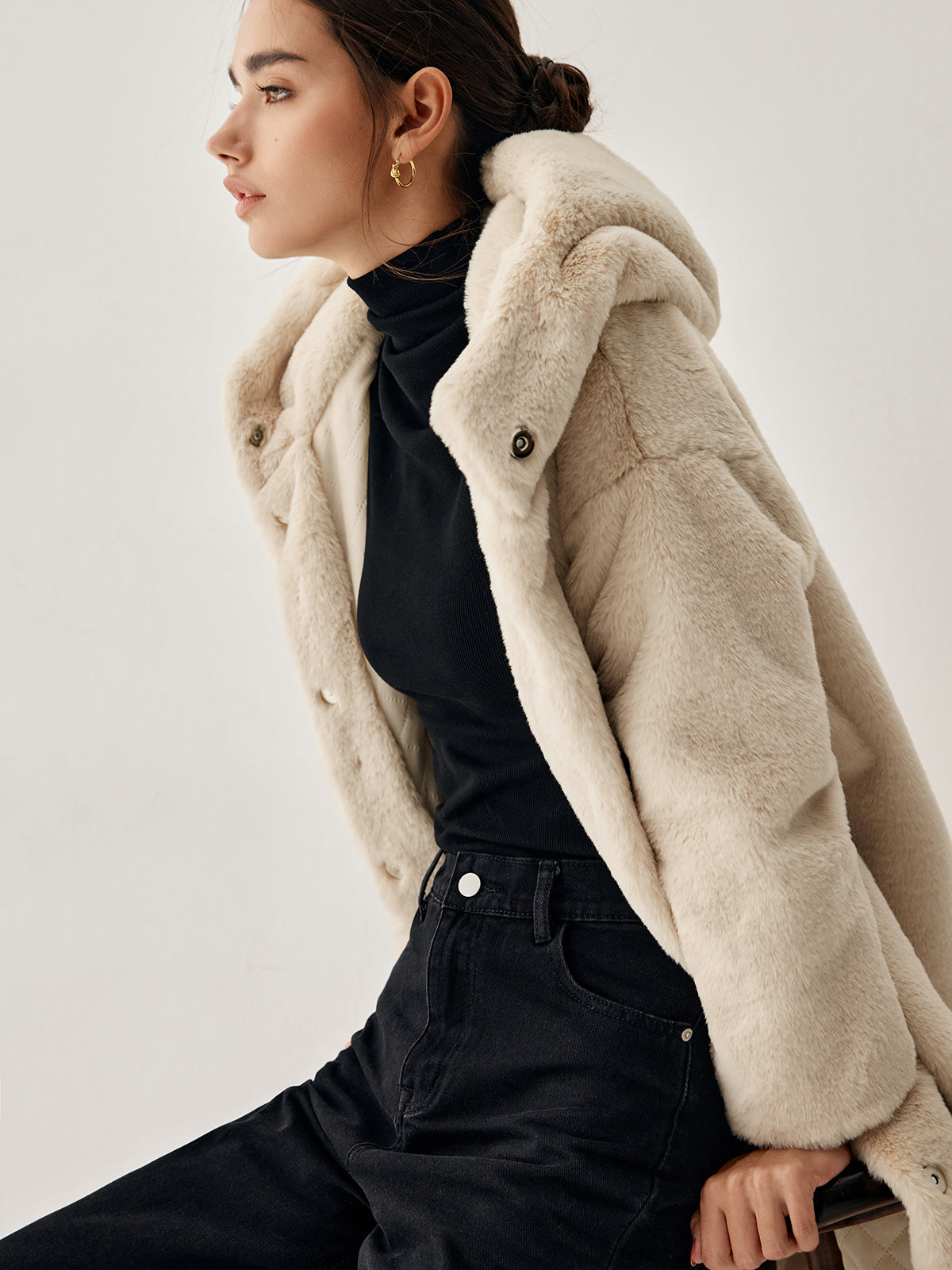 Apricot Faux Fur Hooded Longline Coat