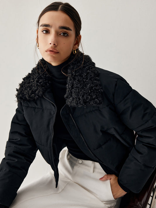 Fuzzy Trim Crop Quilted Bomber Jacket