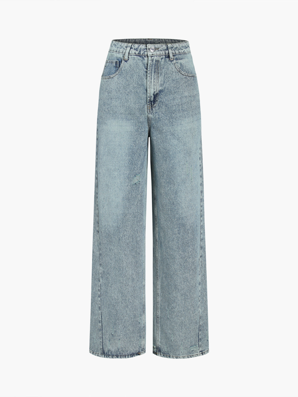 Faded Denim Distressed Detail Wide Leg Jeans