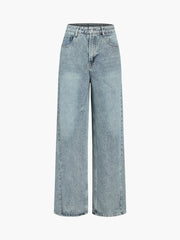 Faded Denim Distressed Detail Wide Leg Jeans