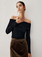 Off Shoulder Overfold Long Sleeve Crop Knit Top