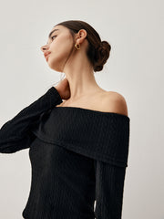 Off Shoulder Overfold Long Sleeve Crop Knit Top