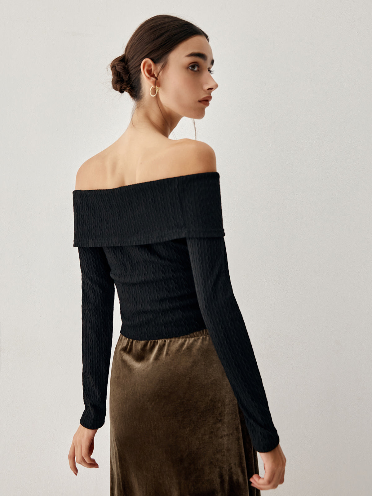 Off Shoulder Overfold Long Sleeve Crop Knit Top