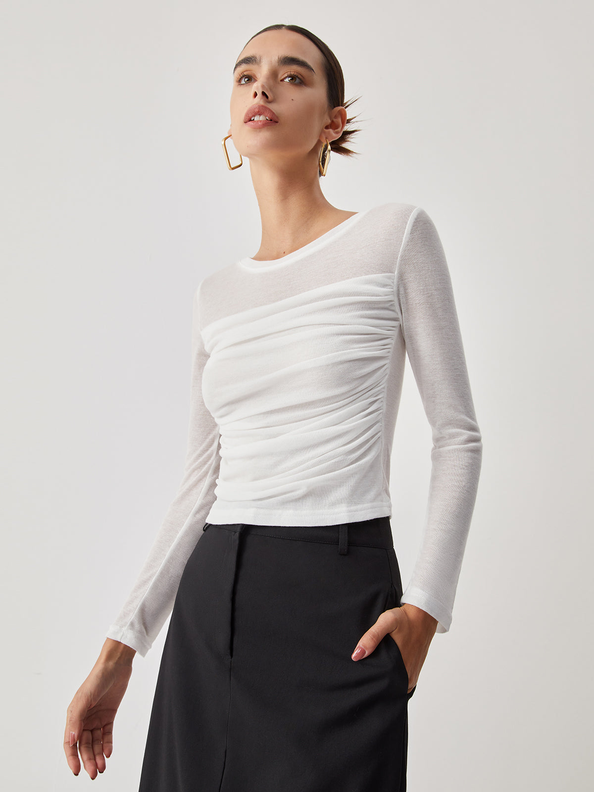 Ruched Semi-Sheer Long Sleeve Shirt