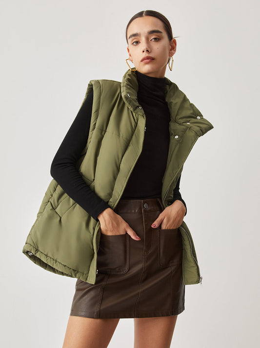 Double Pockets Stand Collar Quilted Puffer Vest