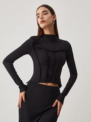 Mock Neck Piping Long Sleeve Top With Matching Skirt