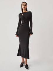 Keyhole Flare Long Sleeve Ruched Long Dress