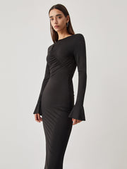 Keyhole Flare Long Sleeve Ruched Long Dress