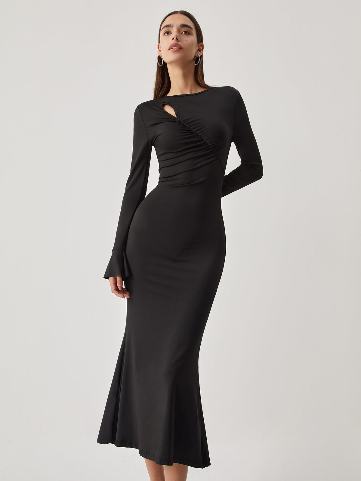 Keyhole Flare Long Sleeve Ruched Long Dress