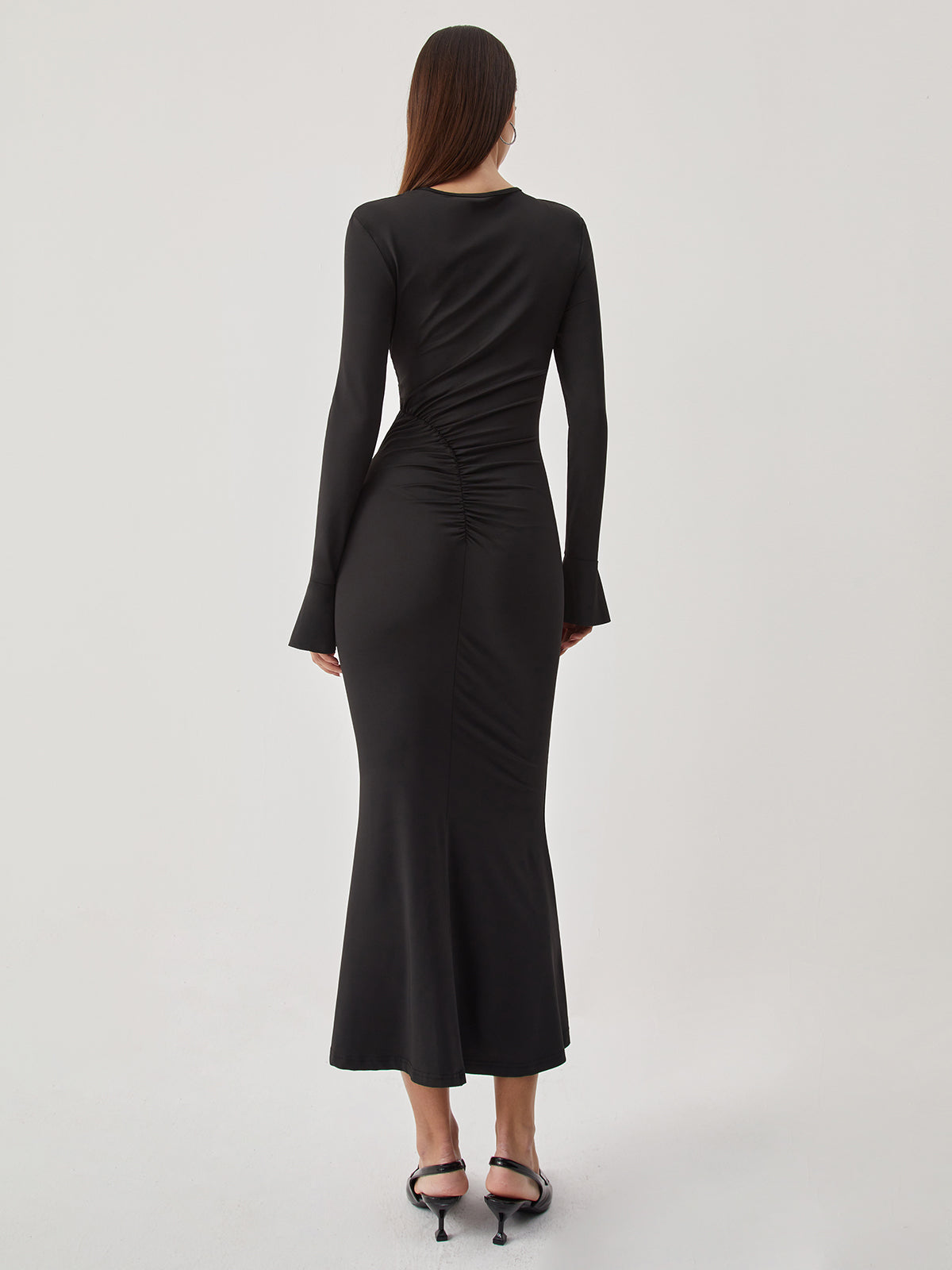 Keyhole Flare Long Sleeve Ruched Long Dress