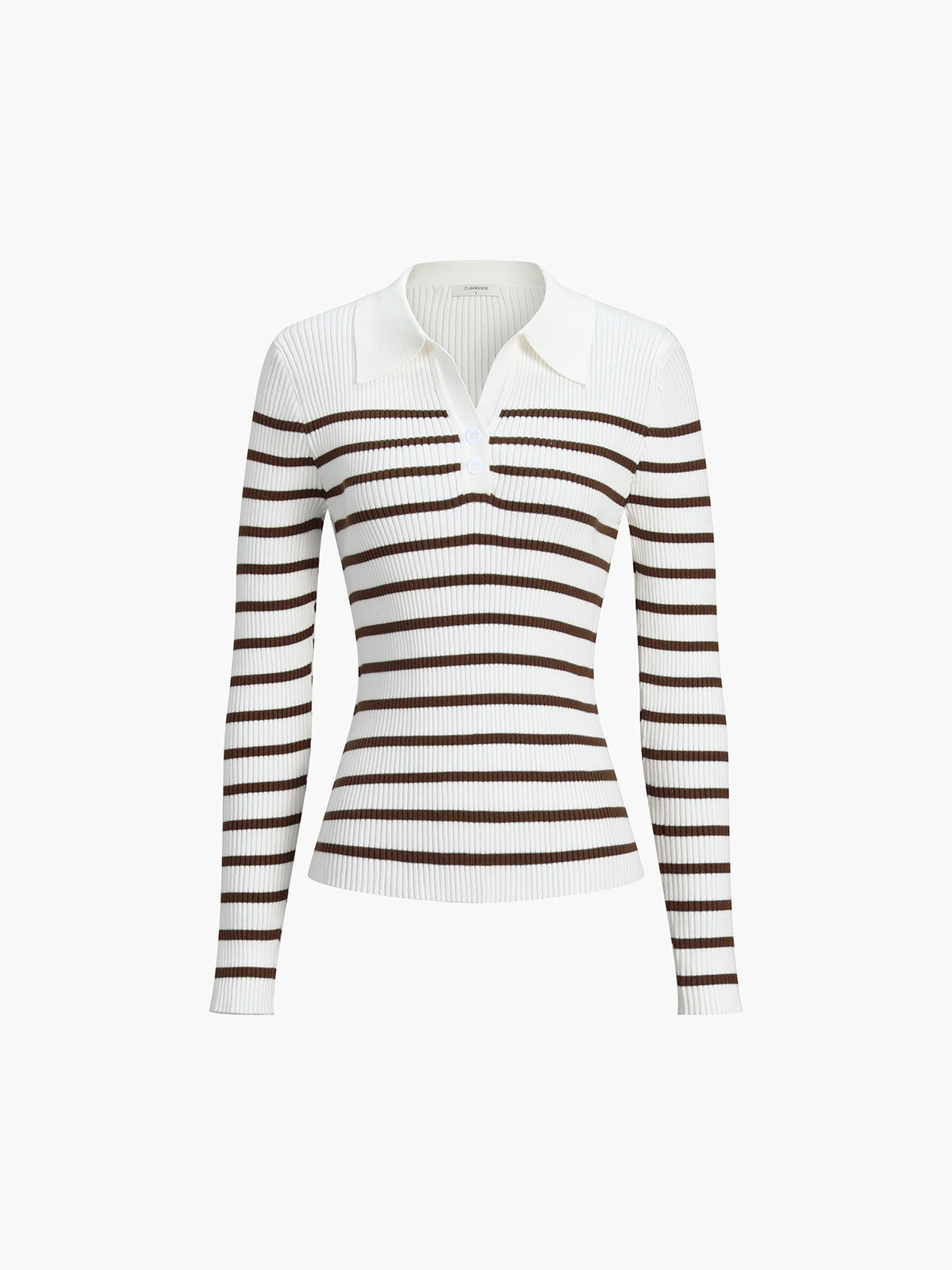 Quarter Buttoned Stripe Open Collar Long Sleeve Knit Top