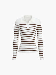 Quarter Buttoned Stripe Open Collar Long Sleeve Knit Top