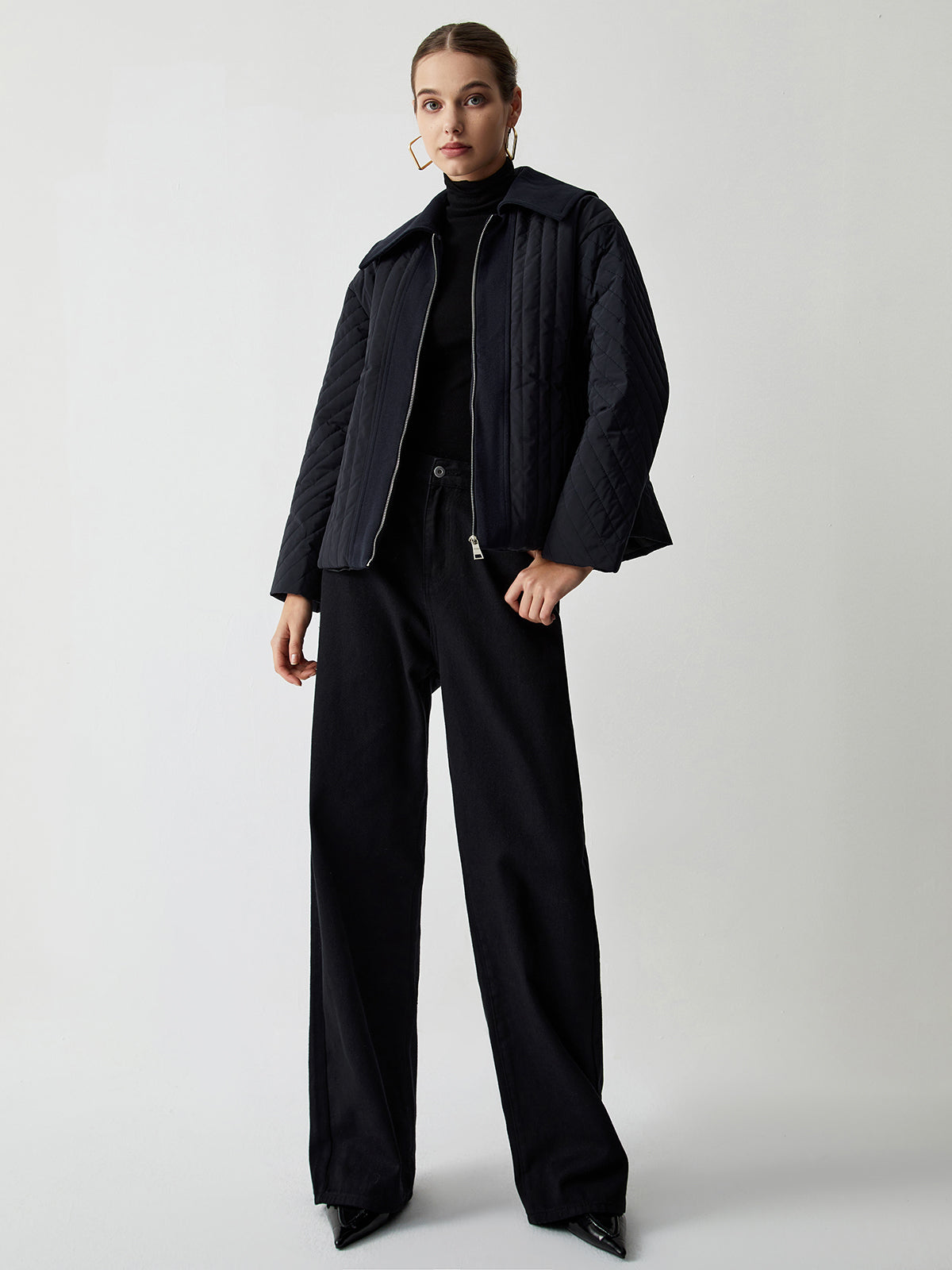 Zip Up Open Collar Quilted Jacket