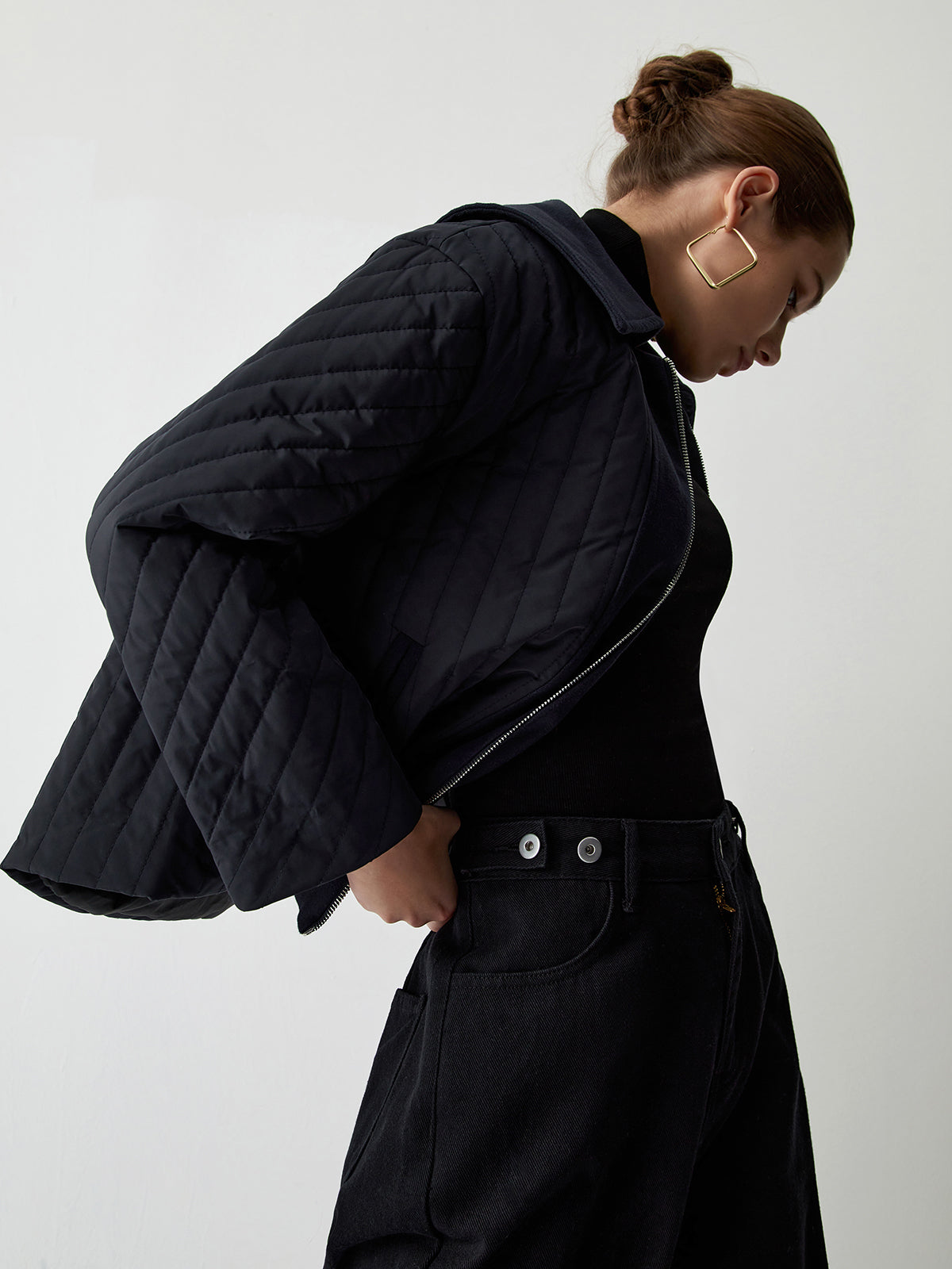 Zip Up Open Collar Quilted Jacket