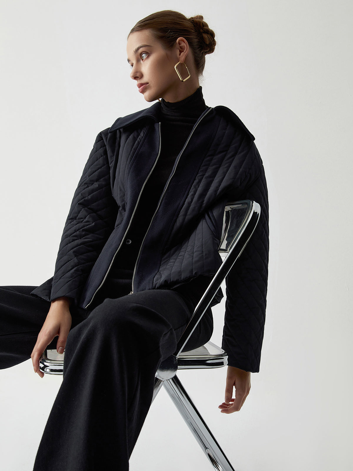 Zip Up Open Collar Quilted Jacket
