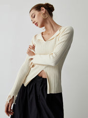 Open Collar Long Sleeve Curved Knit Top