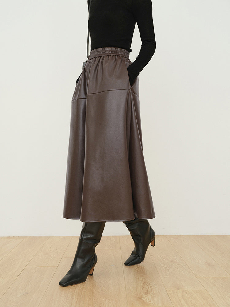 Double Pockets Leather Maxi Skirt