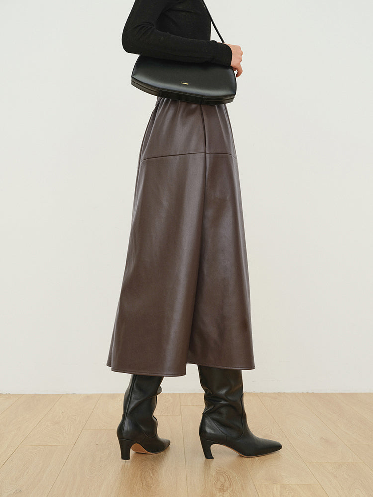 Double Pockets Leather Maxi Skirt