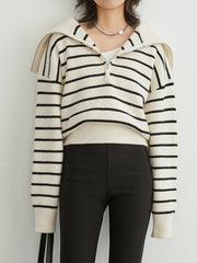 Half Zip Stripe Open Collar Sweater