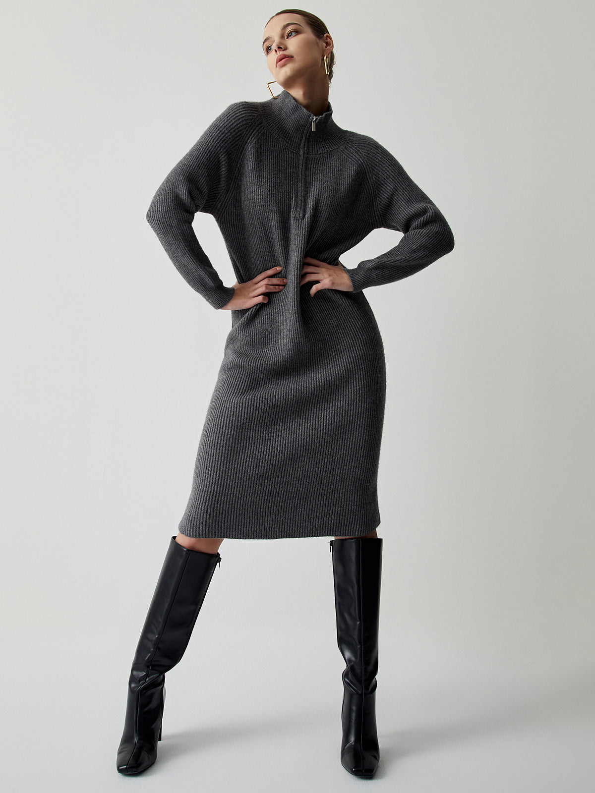 Half Zip Up Stand Collar Midi Sweater Dress