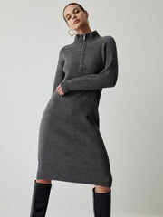 Half Zip Up Stand Collar Midi Sweater Dress