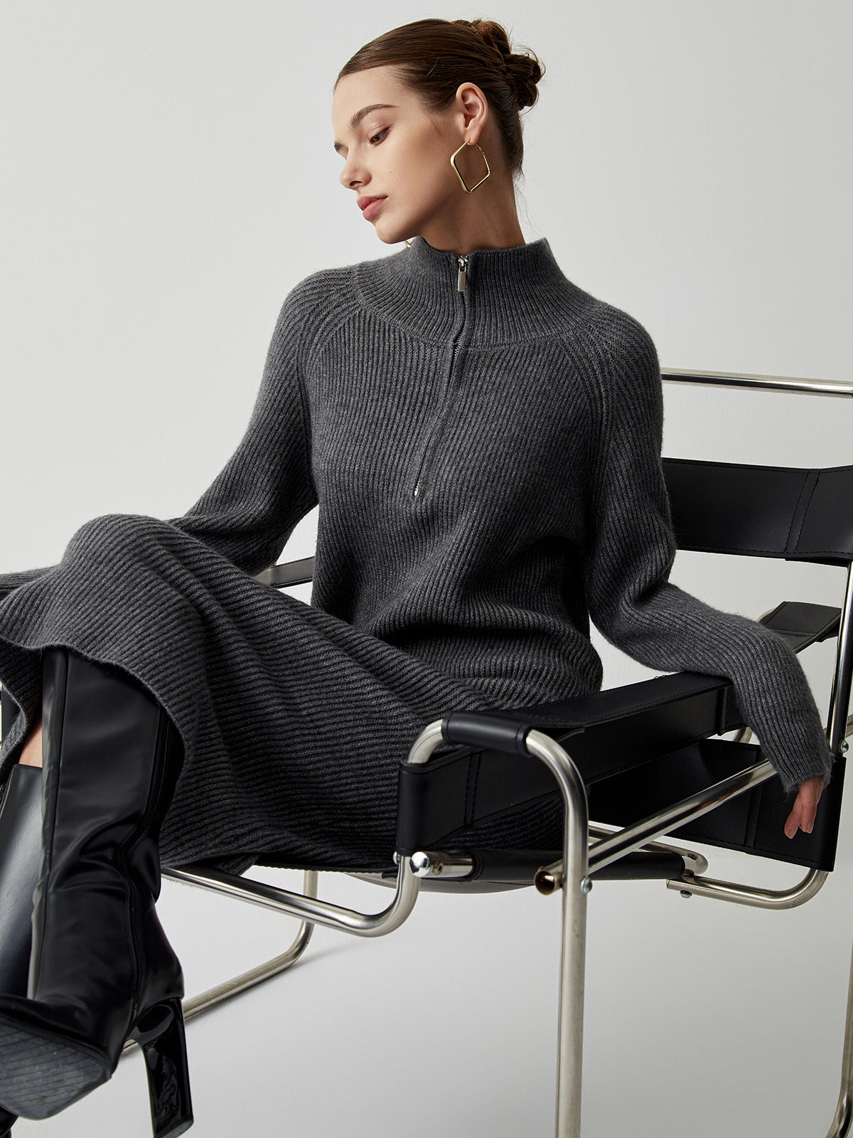 Half Zip Up Stand Collar Midi Sweater Dress