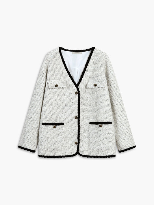 Contrast Trim Mixed Tweed Double Pockets Blazer