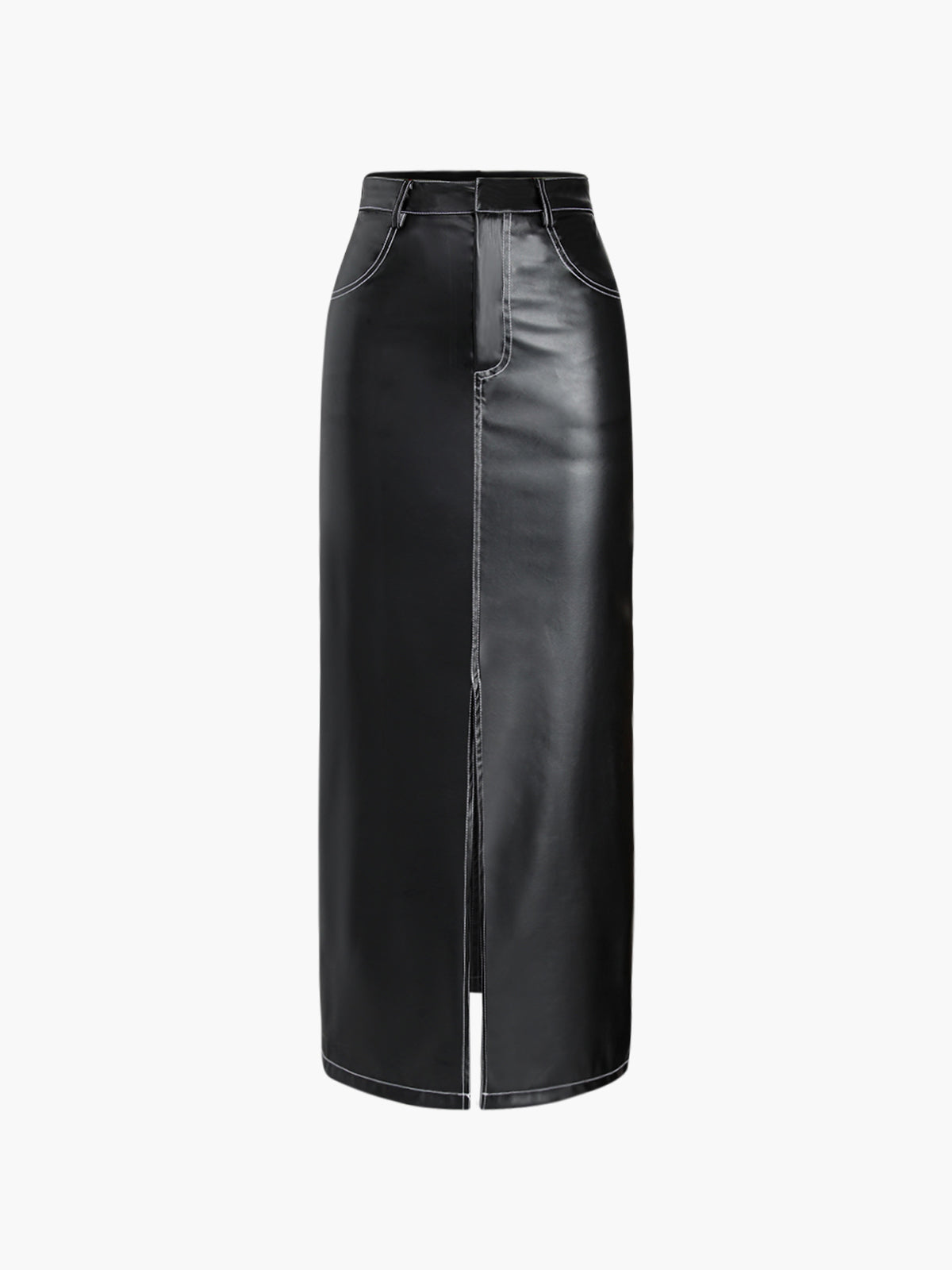 Faux Leather Double Pockets Maxi Skirt