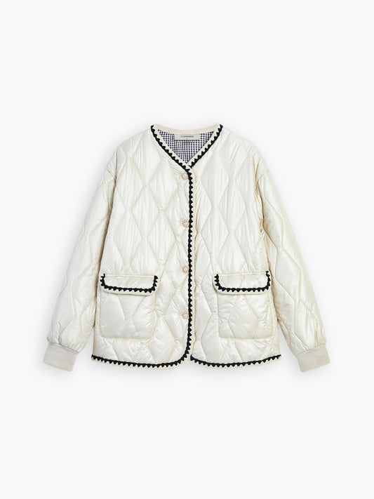 Embroidered Trim Double Pockets Quilted Coat