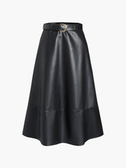 Belted Faux Leather Midi Skirt