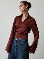 Satin Wrap Tie Back Ruched Long Sleeve Shirt