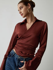 Satin Wrap Tie Back Ruched Long Sleeve Shirt