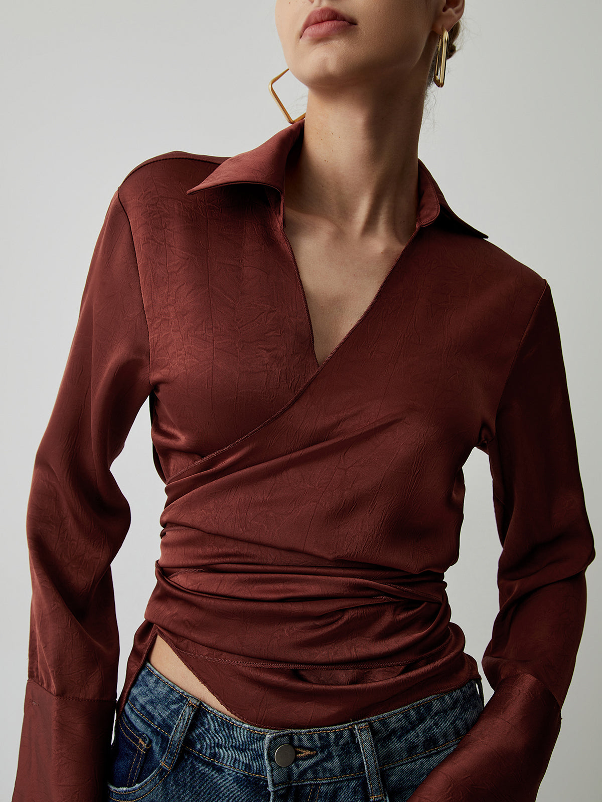 Satin Wrap Tie Back Ruched Long Sleeve Shirt