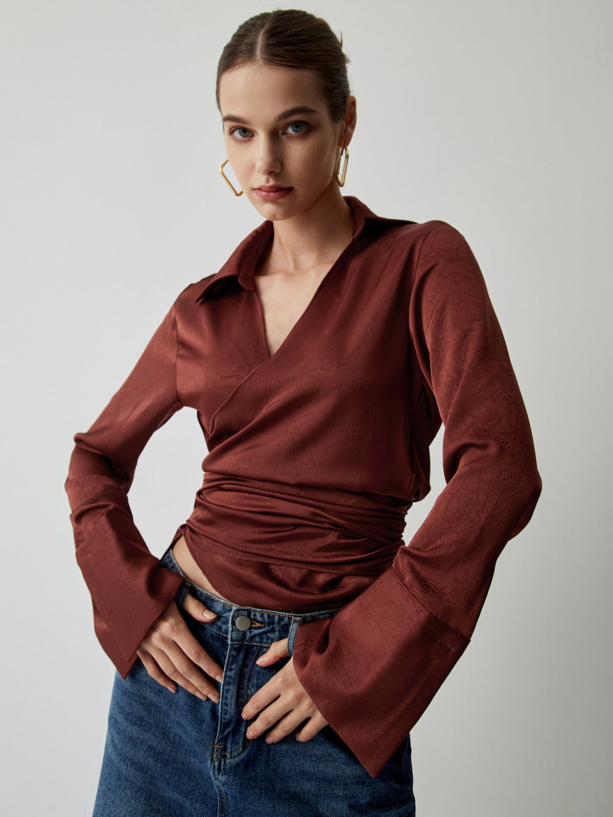 Satin Wrap Tie Back Ruched Long Sleeve Shirt