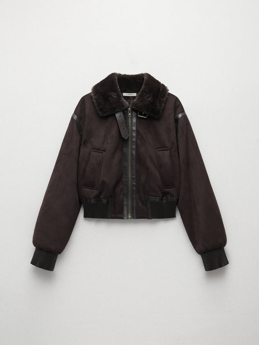 Furry Collar Double Pocket Biker Jacket
