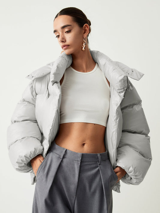 Open Collar Quilted Hooded Puffer Coat