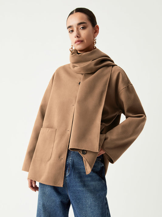 Double Pockets Cotton Blend Jacket With Matching Scarf