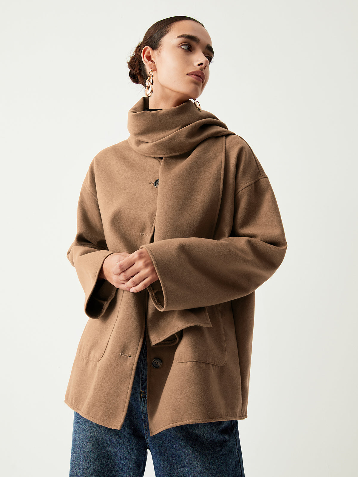 Double Pockets Cotton Blend Jacket With Matching Scarf