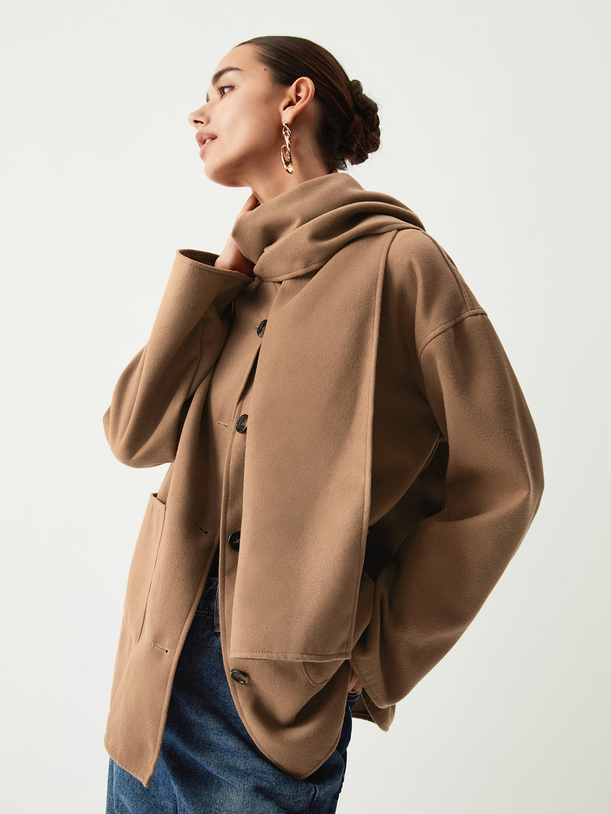 Double Pockets Cotton Blend Jacket With Matching Scarf